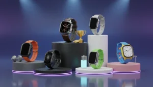 Six smartwatches displayed on pedestals, each with unique features. Orange, black, brown, silver, green, and blue bands. One watch has cracked screen. Gym dumbbell, battery, and trophy visible. Blue background with spotlights.